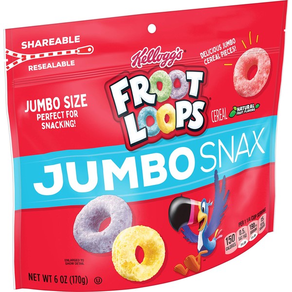 Froot Loops Jumbo Snax Cereal Snacks, Kids Snacks, Fruit Flavored, Original, 6oz Bag (1 Bag)