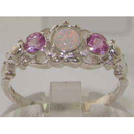 LetsBuyGold 925 Sterling Silver Natural Opal and Pink Tourmaline Womens Anniversary Ring - Size 7.25