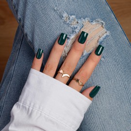 KQueenest Dark Green Press On Nails Medium Square - Acrylic Press On Nails with Glue, Emerald Coffin Short Fake Nails Press ons, Glossy Opaque, Reusable Soft Gel Glue on Nails for Women, 28 Pcs