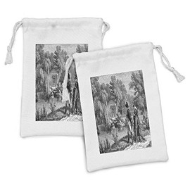 Ambesonne Vintage Fabric Pouch Set of 2, Historical French Revolution Sketch with Napoleon and Woman in Garden Artwork, Small Drawstring Bag for Toiletries Masks and Favors, 9" x 6", Dark Grey Black
