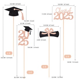 Class of 2025 Graduation Decoration Centerpieces for Tables, 2025 Graduation Table Double-Sided Toppers Party Centerpiece Sticks Party Supplies (16 PCS, Rose Gold & Black)