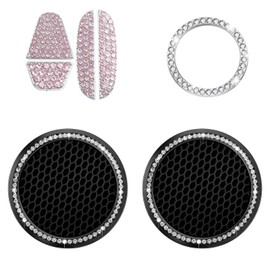 Bling Crystal Car Cup Holder Coaster Engine Start Stop Button Cover Compatible with Honda Civic Accord CRV Odyssey City 2015-2021 Shiny Diamond Car Logo Emblem Sticker Interior Accessories Set,Pink