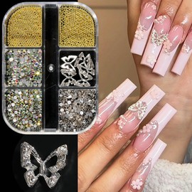 3D Flower Nail Charms - 2 Boxes 3D Acrylic Flower Nail Art Rhinestones with Gold Silver Pearls Caviar Beads Shiny Butterfly Manicure Jewelry Accessories Nails Art Charms for DIY Nail Decorations