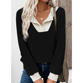 EVALESS Womens Long Sleeve Shirts Fall Fashion 2025 Teacher Patchwork Button Up V Neck Oversized Sweatshirt Casual Trendy Pullover Outfits Tops Black Large