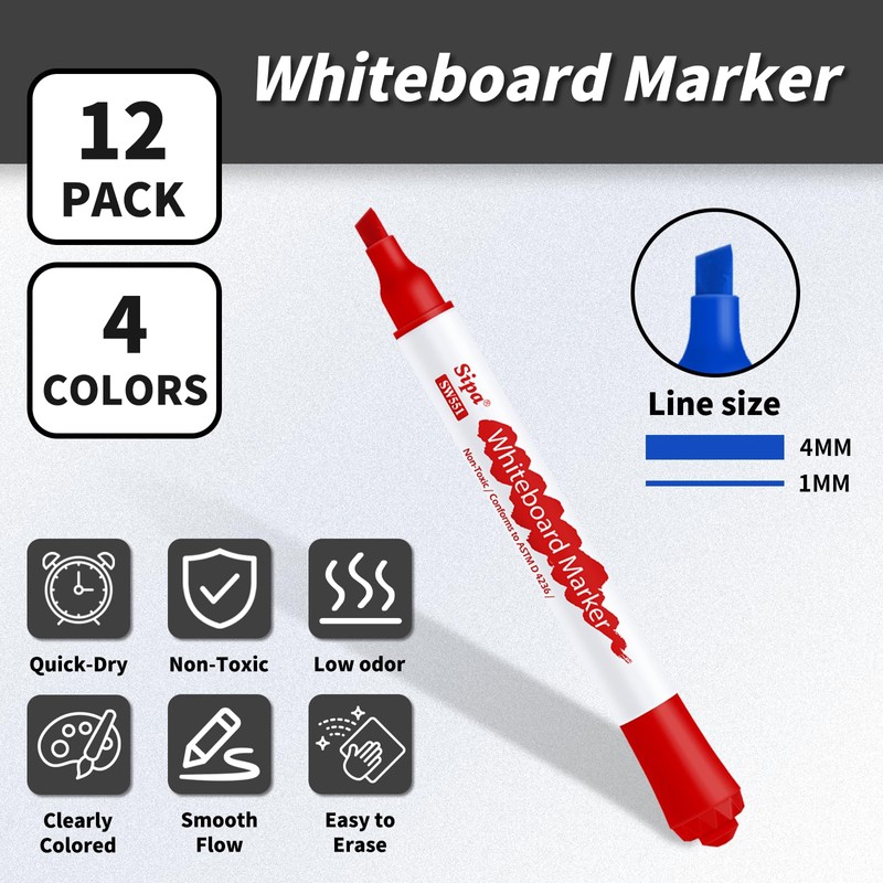 Sipa Whiteboard Markers Pens, 12 Bulk Dry Wipe Chisel Tip