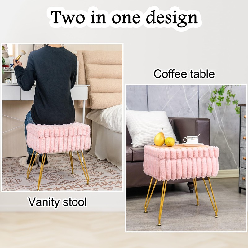 xuperbonus Faux Fur Vanity Stool with Storage Ottoman, Vanity Chair