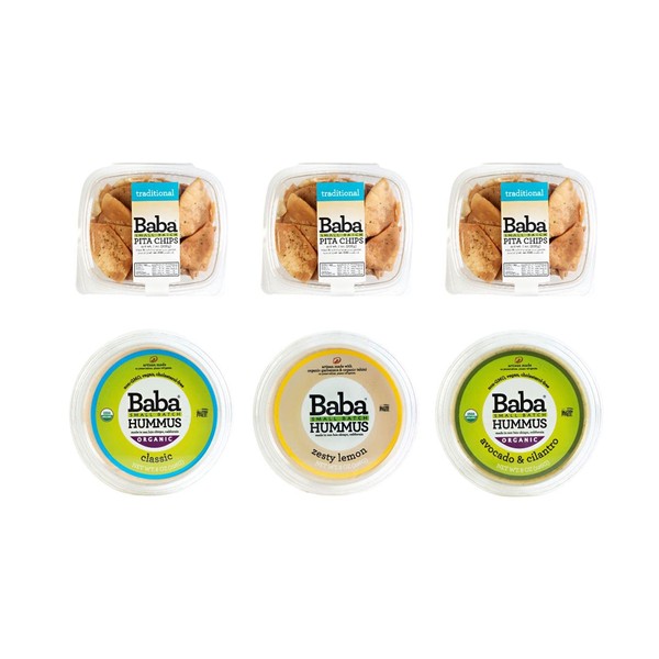 Baba Small Batch Organic Hummus (6 Pack) - Zero Preservatives, USDA Organic, Gluten Free, Vegan, Non-GMO, Cholesterol Free (Best Sellers + Pita Chips)