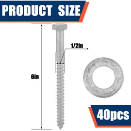 Tandefio 40 Pack 1/2 x 6'' Lag Screw Kit with Washers Hot Hot Dip Galvanized Hex Lag Bolts Heavy Duty Wood Screws for Wood Decks Fences