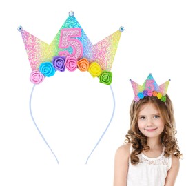 Dmnnlp 5th Birthday Headband for Girls - Sparkle Princess Crown Hairband, Kids Party Decorations, Rainbow Flower Crown Gift for 5 Year Old
