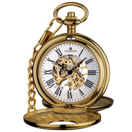 VIGOROSO Mens Pocket Watch with Chain Half Hunter Double Cover Skeleton Mechanical Watches Gold Roman Numeral in Box