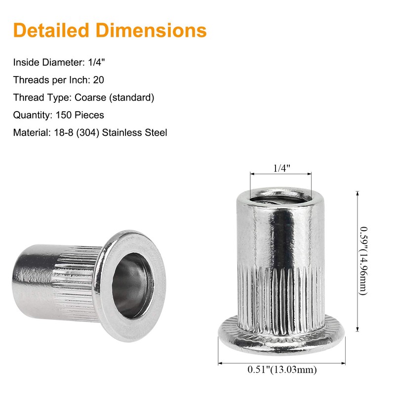 Powlankou 150 Pieces 1/4"-20 Stainless Steel Rivet Nuts Flat Head
