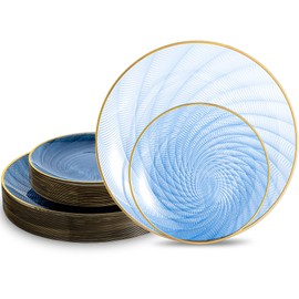 N9R 60PCS Blue for Party, Heavy Duty Disposable Plate with Gold Rim, Elegant Spiral Design 30 Dinner & 30 Dessert Plates for Wedding, Birthday(Translucent Blue)