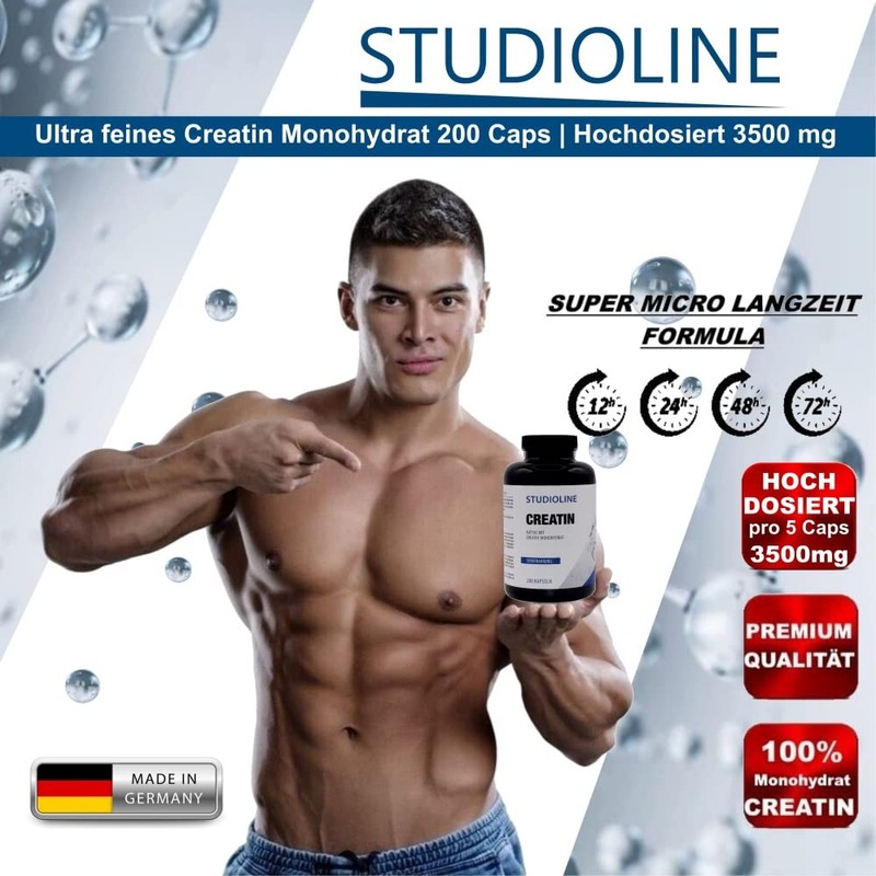 STUDIOLINE Creatine Monohydrate | 200 Capsules | Highest Dosage 3500