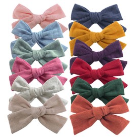 12 PCS Linen Bow Hair Clips for Baby Girls Hair Bows Alligator Clips Accessories Infants Toddler Kids Hairgrips (Knot Bow 4'')