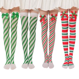 JIHUOO 2 Pairs Peppermint Candy Cane Socks Christmas Striped Stockings Xmas Thigh High Socks Holiday Over The Knee Socks Red and Green