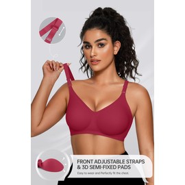 OEAK Womens Seamless Bras Comfortable Bra No Underwire Full Support Bralette Push Up Plus Size V Neck Sleeping Tshirt Bras Wine Red XL