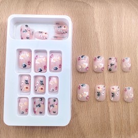 Short Press on Nails Cute Flowers Fake Nails Square Light Pink Acrylic Nails Press ons Full Cover Glossy Colorful Floral Spring and Summer Stick Glue on Nails for Women Girls 24Pcs