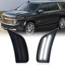 POPMOTORZ White LED Side Marker Lights Compatible With 2021 2022 2023 2024 Chevy Tahoe Yukon Suburban Escalade Front Fender LED Side Marker Lamps Bumper Lights Smoked Lens 2 Pack