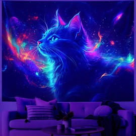 Blacklight Tapestry,Cat Animal Tapestry Glow In The Dark,UV Reactive Black Light Upright Posters Wall Hanging for Bedroom Dorm Living Room Backdrop Decor 79x59in