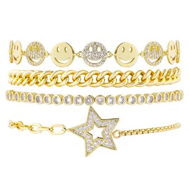 Gold Star Smiley Face Link Bracelets Set for Women 14K Gold Plated Stackable Cuban Chain Bracelets Cute Layered Round Cubic Zirconia Happy Face Charm Friendship Bracelets Party Preppy Jewelry Gift