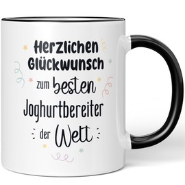 JUNIWORDS Tasse, Herzlichen Glückwunsch zum besten Joghurtbereiter der Welt, Schwarz (7639415)