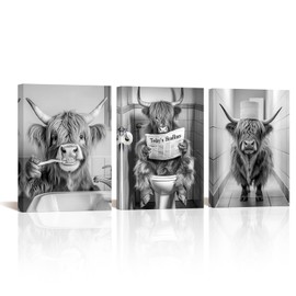 VANSEEING 3 Pieces Bathroom Wall Art Highland Cow Pictures Funny Wall Decor Black and White Canvas Prints Cattle Reading on Toilet Brush Teeth Bathroom Decor for Restroom 12"x16"x3