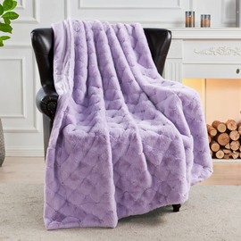 BYTIDE Jacquard Plaid Faux Rabbit Fur Plush Throw Blankets with Micromink Back, Soft Warm Cozy Fluffy Fuzzy Luxury Throw for Couch Sofa Chair Bed, 50" x 60", Lavender