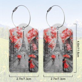 2 Pack Leather Luggage Tag for Suitcase Paris Tower Lovers Unique Travel Tags with Privacy Cover ID Label & Stainless Steel Loop for Men and Women Baggage