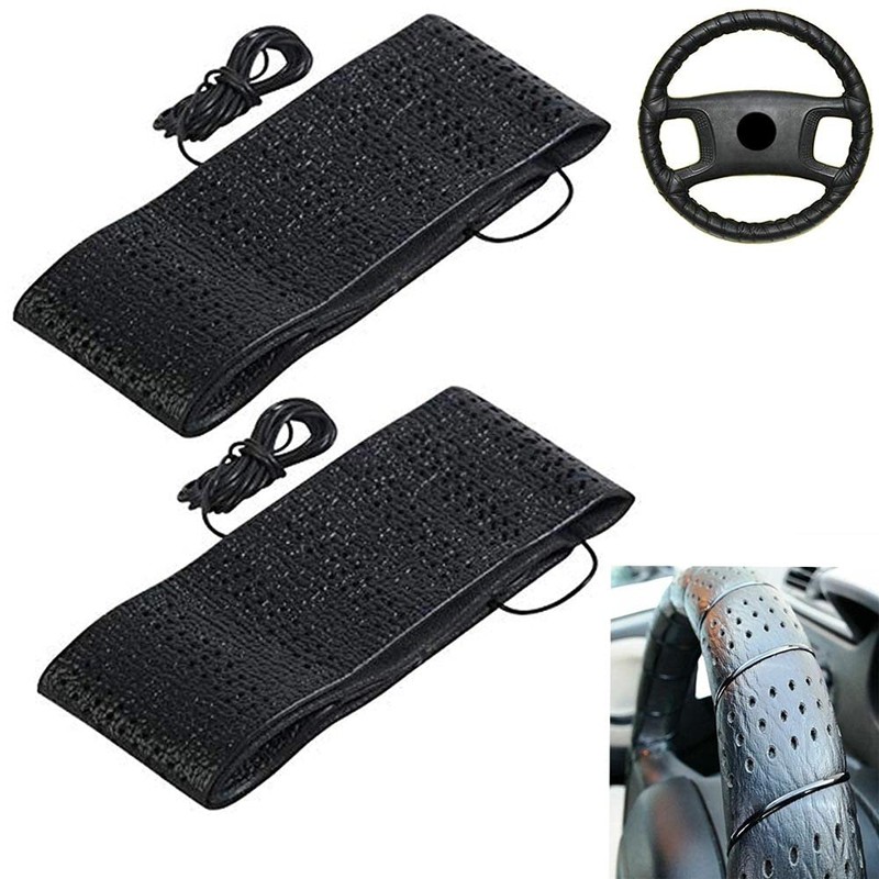 2 Black Lace-On Cover Grip Steering Wheel Stretch Vehicle Auto