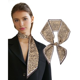 AWAYTR Long Silk Feel Scarf Women Hair Scarf Satin Neck Scarf Tie Bandana Headband Scarf Edge Wrap Head Scarf Purse Handbags (Leopard Camel)