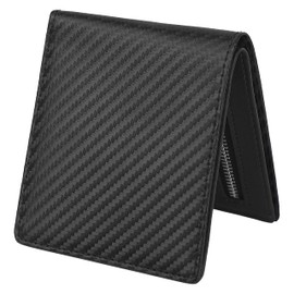 Casheey Men's Bifold Wallet, Holds 14 to 16 Cards, Large Capacity, Includes Box-shaped Coin Purse, Carbon Leather, Genuine Leather, Folding Wallet (14 Card Pockets, Carbon Black x Black)