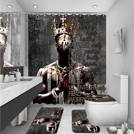Omebero Shower Curtain Set for Man, Powerful Black King Waterproof Shower Curtains and Non-Slip Rug, Toilet Lid Cover, Bath Mat, African American Man Bathroom Decor Sets, No Liner Needed