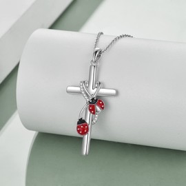 POPLYKE Ladybug Necklace 925 Sterling Silver Cross Pendant Necklace Ladybug Jewelry Gifts for Women Mothers Day Birthday