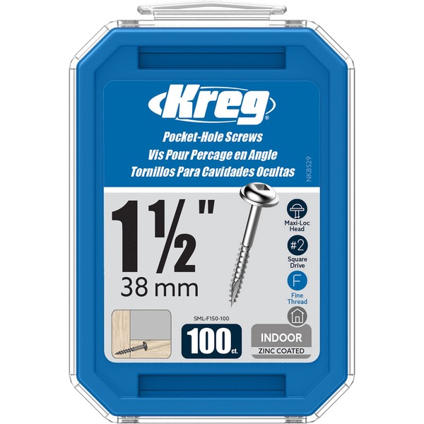 Kreg SML-F150-100 Pocket Screws, 1-1/2" #7 Fine-Thread, Washer-Head (100 Count)