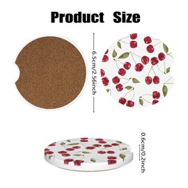 Car Cup Holder Coasters, 2 Pcs Ceramic Coasters with Cork Back and Finger Slot, Anti-Slip Shock Absorbing Women and Men Universal Car Accessories - Retro Cherry