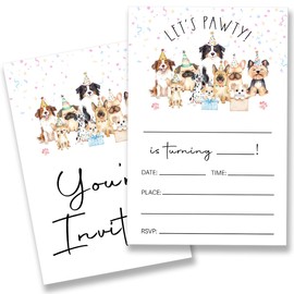 QZJ Girl Dog Birthday Party Invitations Supplies with Envelopes Set of 20 Puppy Birthday Invites Fill in Blank, Double Sided