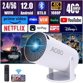 AOSO Mini Proyector Portátil,【Android12】 Soporte 1080P Full HD Proyectors 200ANSI, WiFi 6 y Bluetooth 5.0 Proyectores Home Theater, Proyector de Cine Exterior, Compatible con Android/iOS/PC