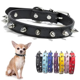 Black Spiked Dog Collar For Small Dogs PU Leather Rivet Spike Puppy Collar Studded Kitten Cat Collars Adjustable Buckle For XS Extra Small Medium Breed Pets Like Chihuahua French Bulldog, XSmall