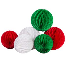 SUNBEAUTY Set of 6 Honeycomb Balls (20 cm/15 cm), Red & Green & White Paper Christmas Decoration, Party Celebration Decoration