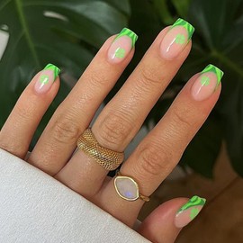 St Patrick's Day Press on Nails Four-leaf Clover Short Square French Tip with Shamrock Design Glossy Acrylic False Nails Almond Stick on Nails St Patrick's Day Glue on Nails for Women Manicure 24Pcs