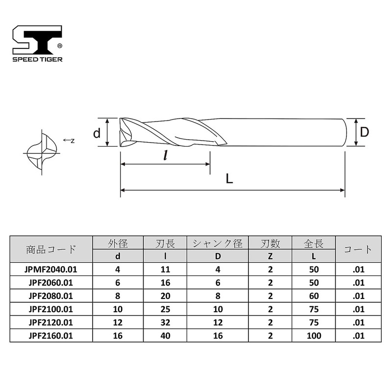 Speed Tiger JPF 2-Blade End Mill, Blade Diameter 0.4 inches