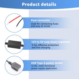Hardwired Cable Car Charger Kit - 5V USB A Power Port for Dash Cams,GPS,for SiriusXM Radio & Car Electronics