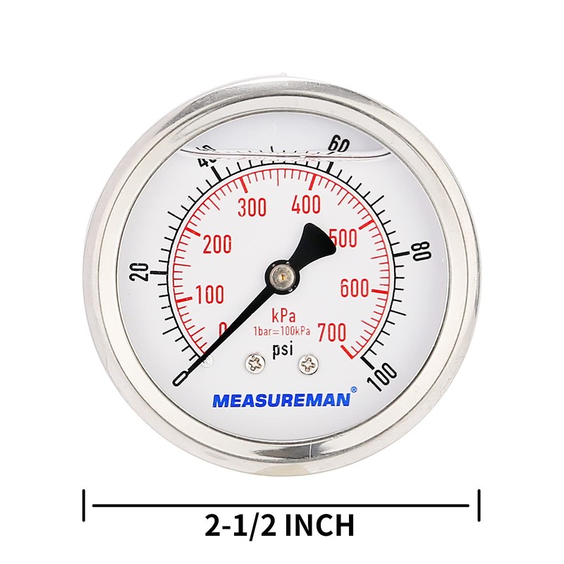 MEASUREMAN 2-1/2" Dial Size, Glycerin Filled Pressure Gauge, 0-100psi/kpa, 304