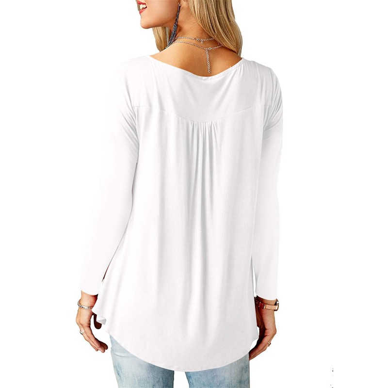 Amoretu Women's V-Neck Button Down Blouse, Solid Tunic Long Sleeve