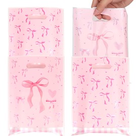 Bow Party Favor Bag, 50 Pieces Plastic Pink Coquette Gift Bags 2 Designs Princess Treat Bags with Handle for Girls Birthday Wedding Baby Shower Party Supplies (Pink Bow)