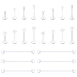 D.Bella 22Pcs Clear Piercing Retainers Set Bioflex Nose Lip Labret Stud Clear Stud Tongue Earring Cartilage Plastic Industrial Retainer