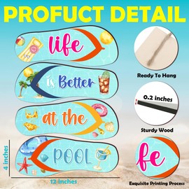 Life Is Better At The Pool Rustic Wooden Wall Hanging Plaque Sign - 4Pcs Set Flip Flop Wooden Sign Seasonal Summer Decoration - Funny Farmhouse Wall Art Favors & Decor For Home, Bedroom, Office -A11