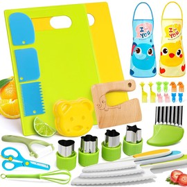 30 Piezas Montessori Herramientas de Cocina para niños, Cuchillos para Niños con Delantal, Juego Utensilio de Cocina Infantil para Cocinar y Cortar Pasteles, Frutas y Verduras para Niñas Niños Juguete
