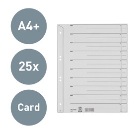 Leitz Register für A4, Deckblatt und 10 Trennblätter, Taben individuell zuschneidbar, 25 Stück, Überbreite, Grau, 100% Recyclingkarton, 16503085