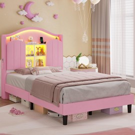 BTHFST Twin Girl Bed with LED Lights & Charging Station, Upholstered Storage Headboard Platform Twin Size Princess Bed Frame, No Box Spring Needed/Noise-Free/Easy Assembly, Pink